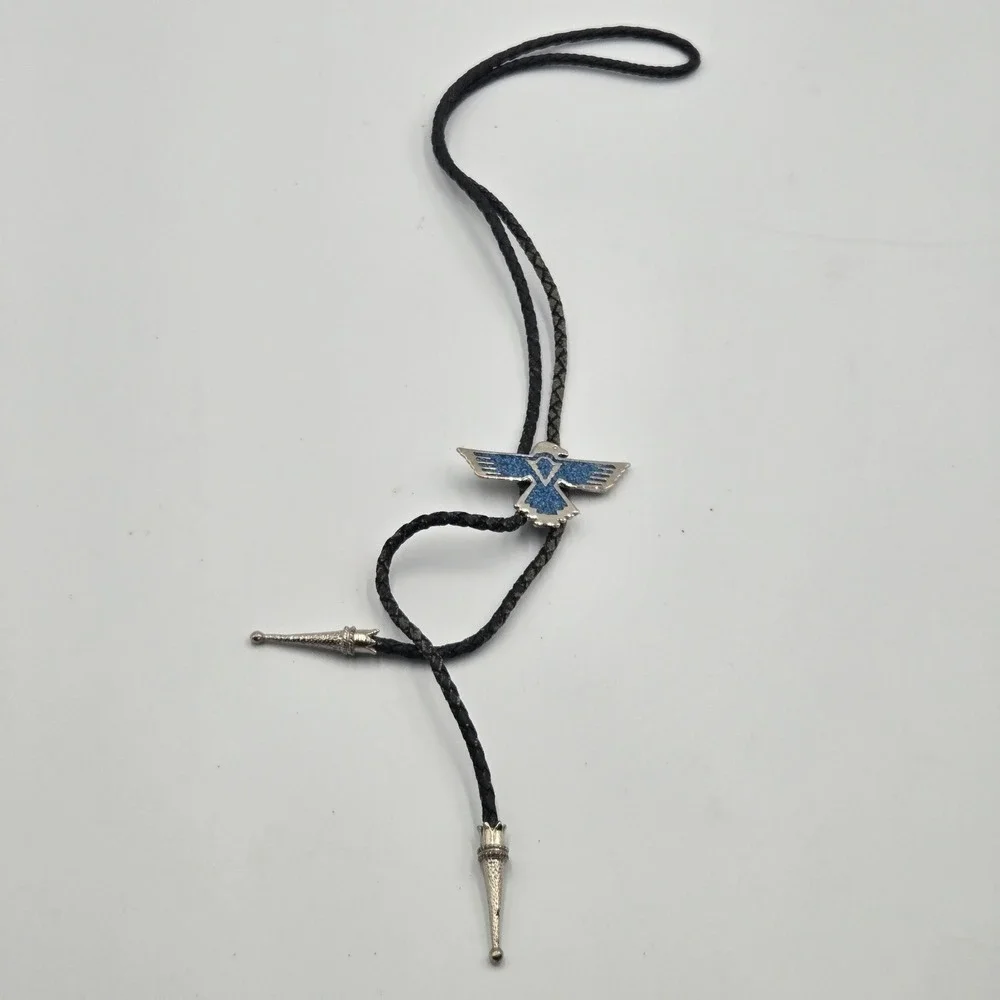 vintage Bolo‎ Western Tie Eagle W/ Crushed Turquoise Inlay Leather Braid Cord